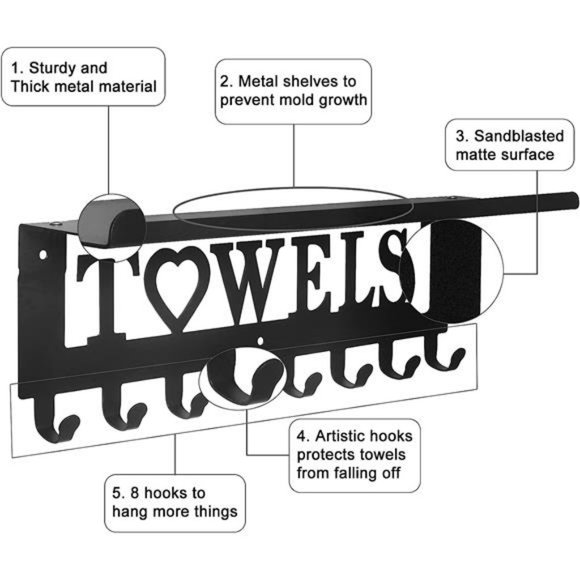 Towel Rack with Metal Shelf  Wall Mounted Towel Holder w/ Hooks (8 Hooks, Black) - Picture 5 of 6